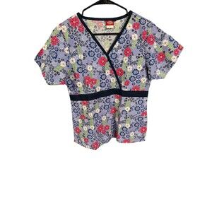 Dickies Cotton V Neck Scrub Top Small Purple Pink Flowers Medical Vet Uniform